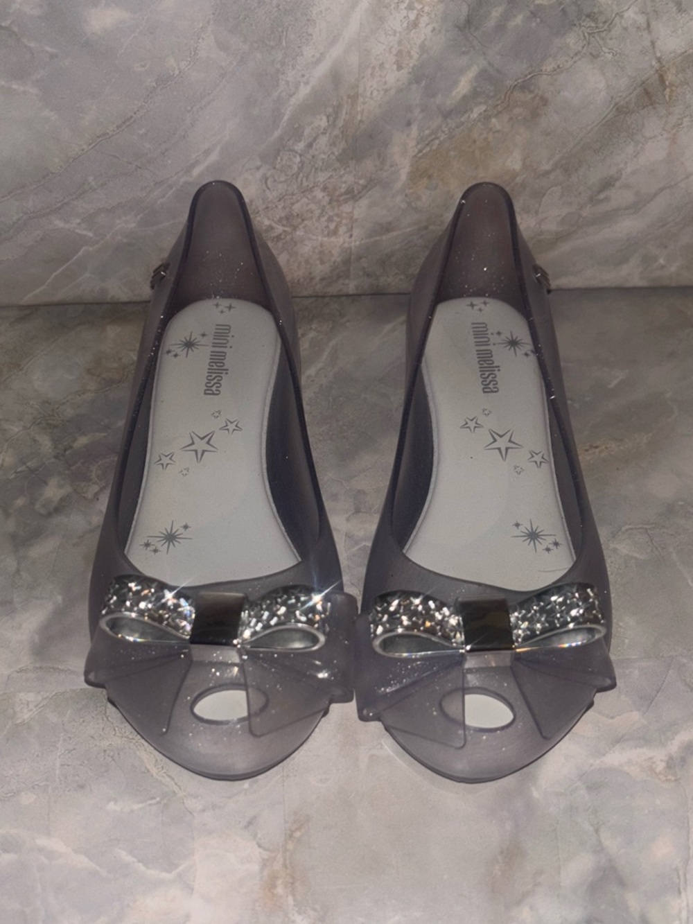 Mini Melissa silver Glitter Bow Peep-Toe Jelly Flats